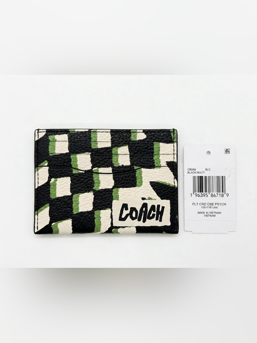 NWT Coach Flat Card Case Wallet Geo Checkered Leather Black Multi Unisex CBG66
